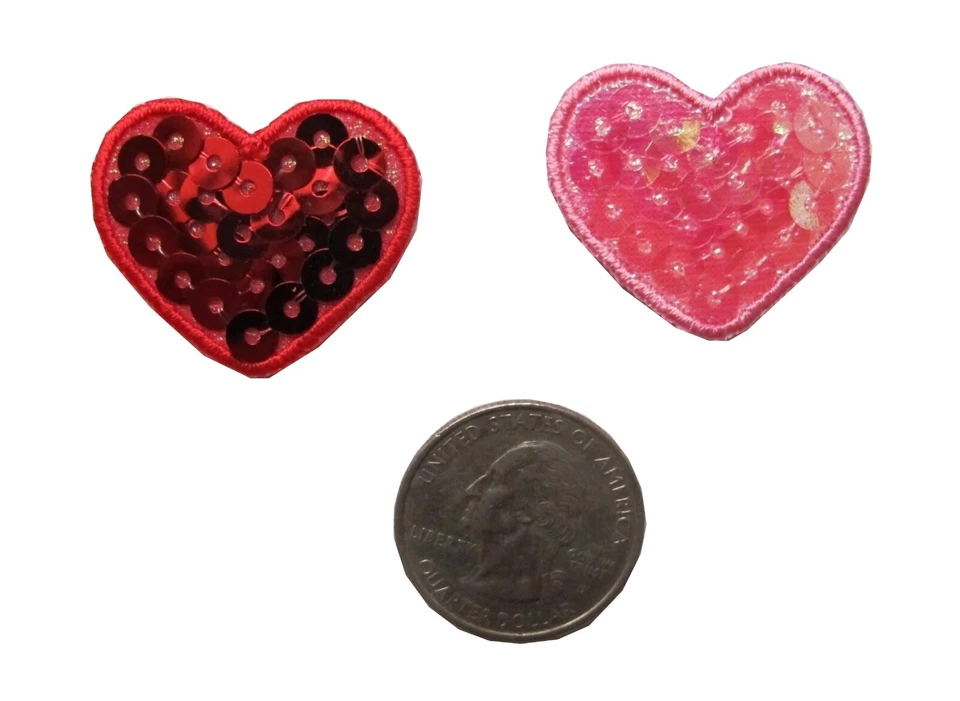 #4551S 2 PCS Pink Red Sequin Heart Embroidery Iron On Appliqué Patch-1.25"x1" - Image 1 of 1