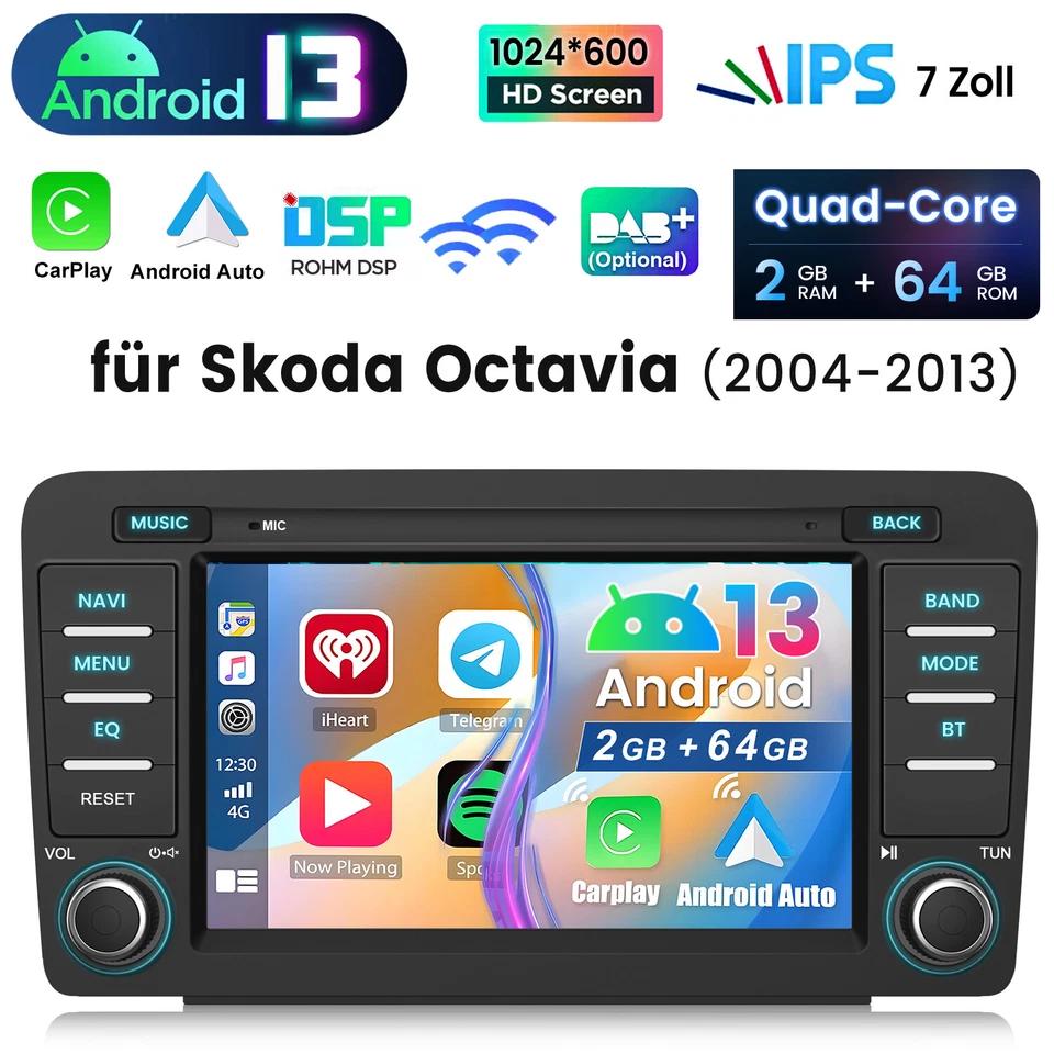 2+64GB Android13 Autoradio Für Skoda Octavia II 1Z3 1Z5 CarPlay GPS Navi Kamera - Bild 1 von 4