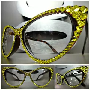 Womens VINTAGE 60s CAT EYE Style Clear Lens EYE GLASSES Yellow Crystals Handmade - Picture 1 of 10