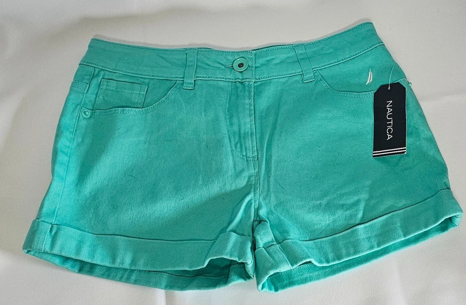 Pantalones cortos Nautica para mujer verde azulado piscina azul sarga Preppy Beach Resort Foto 1 de 3