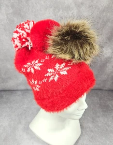 Unisex Warm Beanie Winter Hat w/3 Pompoms Snowflax Red White Winter Gift OZ - Picture 1 of 12