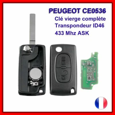 CLE VIERGE CE0536 ID46 POUR PEUGEOT 207 307 308 SW 2 BOUTON ASK 433MHZ LR 8MM FR