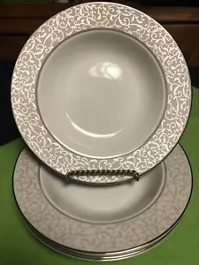 Mikasa Parchment 8.50" Soup/Pasta Bowls Set of 4 Platinum Scroll Borders L3438 - Picture 1 of 15