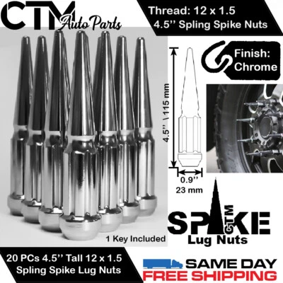 20 PCS JEEP 4.5'' CHROME 12X1.5 SPIKE WHEEL LUG NUT +KEY FIT COMPASS PATRIOT - Image 1 of 2