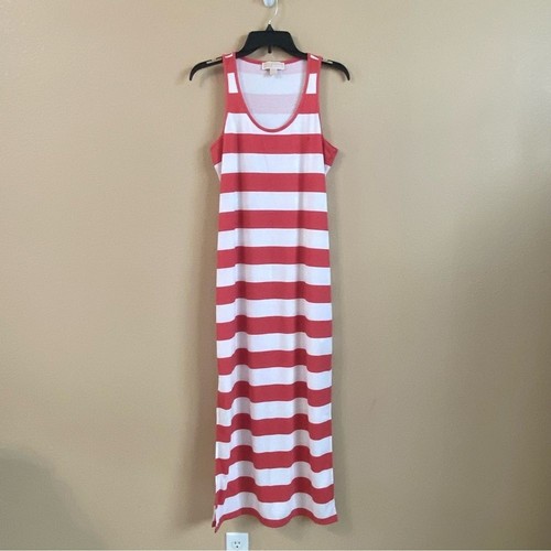 Michael Kors Size L American Icon Striped Jersey Maxi Dress Sangria Red White