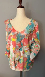 Ruby Rd. petite Colorful Floral Women's 3/4 Sleeve Blouse With Ruffle V Neck PM - Picture 1 of 6