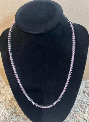 Round Cut Lab Created Pink Sapphire Tennis Necklace Sterling Silver 925 15-18" - Image 1 of 4