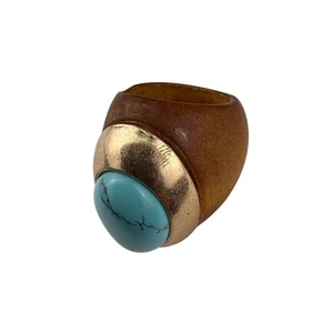 Wooden Statement Ring With Turquoise Stone Accent - Picture 1 of 5