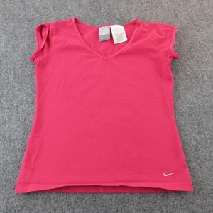 Nike Shirt Womens Medium Pink V Neck Short Sleeve Fitted Athletic Swoosh Logo - Picture 1 of 14