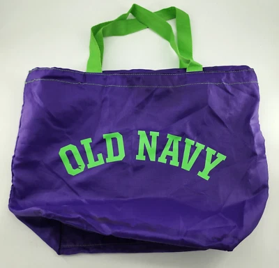 Old Navy Large Reusable Shoulder Strap Tote Bag Nylon Feel Green/Purple Spellout - Image 1 of 4