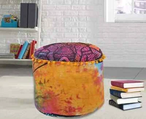 Pouf Cover 22'' Indian Patchwork Round Ottoman Vintage Bohomian Footstool Cover - Picture 1 of 4