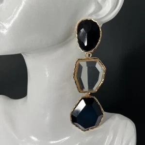 Clear Beveled Acrylic Earrings Pierced Dangle Drop Gold Black Blue Long Runway - Picture 1 of 6