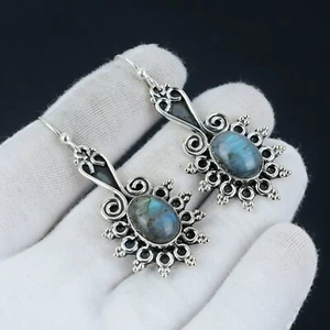 Natural Labradorite Gemstone 925 Sterling Silver Earring Handmade Jewelry Gifts - Picture 1 of 4
