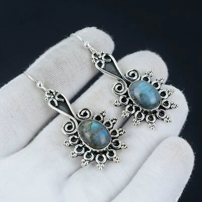 Natural Labradorite Gemstone 925 Sterling Silver Earring Handmade Jewelry Gifts - Image 1 of 4