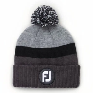 FootJoy Golf Hat Cap FJ Beanie Gray Black Winter Knit Pom Stripe Men’s One Size - Picture 1 of 3