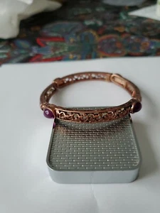 1928 Bracelet -- Copper Elastic with Purple Stones and Filagree Metal Work - Picture 1 of 3