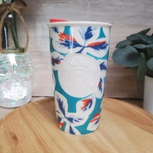 Starbucks Hawaii Teal Blue Coral Bohemian Feathers Double-wall Ceramic Mug * - Picture 1 of 6