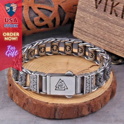 Pulseira Viking Runa Contas Nórdicas Masculina Aço Inoxidável Joia Vintage Presente Nova - Imagem 1 de 4
