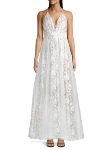 Aidan by Aidan Mattox Embroided Floral Mesh Gown, V-neck, White Size 4, $395 NWT - Picture 1 of 5