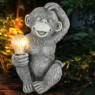 Gartendeko Solarlampe Außenleuchte LED Tierfigur grau Gartenlampe Affe Glühbirne - Bild 1 von 4