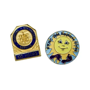 Enamel Metal Lapel Pins Hospital Volunteer 100 Hours Employee Giving Sun Crest - Picture 1 of 2