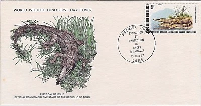 TOGO 1977 FDC - WWF ENDANGERED WILDLIFE - CROCODILE - CHIMP - LEOPARD WITH CARDS - Image 1 of 4