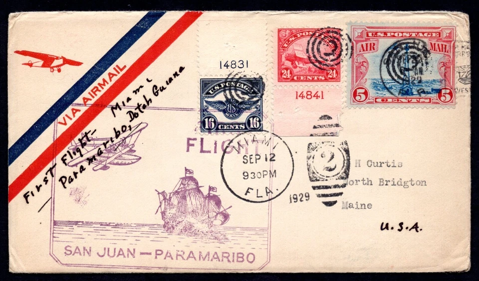 US 1929 FIRST FLIGHT MANITO DUTCH GUIANA FRANKED SC. #C5-C6 WITH PLATE #'s - Image 1 of 2