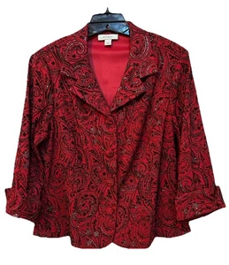 Dressbarn Womens Large Red Paisley Silver Sparkle Cuffed Sleeve 4 Button Jacket - Picture 1 of 12