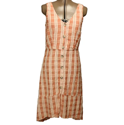 Vestido midi a cuadros Maurices Seersucker sin mangas con botones delanteros dobladillo alto-bajo naranja M Foto 1 de 4