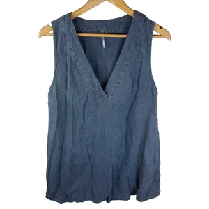 Free People Women's Medium Blue Linen Viscose V Neck Sleeveless Boho Top - Picture 1 of 7