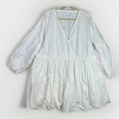 ASOS Dress 14 Eyelet Babydoll Faux Wrap White Coastal Beachy Wedding Shower - Image 1 of 4