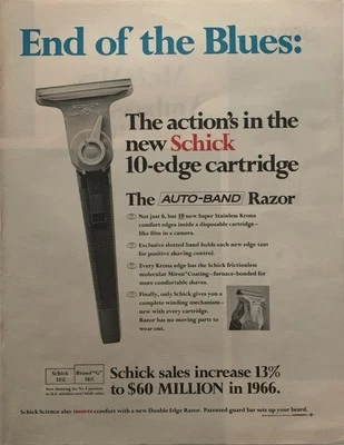 1967 Schick Auto-Band Razor PRINT AD 10-Edge Cartridge - End of Blues VTG 1960s - Image 1 of 4