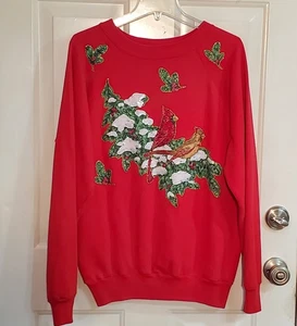 Vintage 90er Damen XL Sweatshirt Weihnachten Cardinals Glitzer Puffy Paint Grandmacore - Bild 1 von 10
