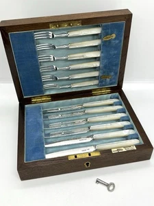 Boxed 12 piece sterling silver & mother of pearl tea knife & fork cutlery set - Picture 1 of 11