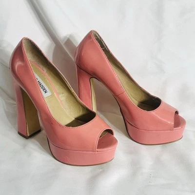 Steve Madden Mujer 7 Plataformas Rosa Patente Punta abierta Tacones Gruesos Y2K PinUp Club Foto 1 de 4