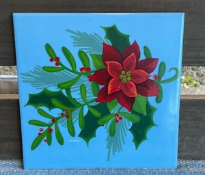 ✅2012 Christmas Ceramic Trivet 9" Tile Holiday Poinsettias Cork Back Blue Red - Picture 1 of 7