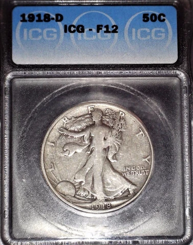 1918-D Walking Liberty Half Dollar, ICG F12, Tougher Date, Issue Free Cover