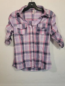 Bongo Juniors M Button Flannel Shirt Purple Plaid 1/2 Sleeve. - Picture 1 of 6