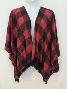 Mossimo Supply Red/Black Plaid Open Front Poncho/Cape Size L Fringe Boho Fest - Picture 1 of 6