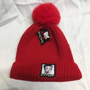 BETTY BOOP RED CUFF BEANIE w/Faux Fur Pom WINTER SKI CAP One Size NWT - Picture 1 of 9
