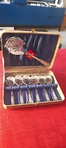 Vintage Cutlery Set Of Chromoid Sheffield Dessert Spoons And Server In Original - Picture 1 of 4