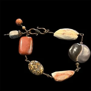 Beautiful banded Agate, Ocean Jasper, Red Jasper Artisan Copper Bracelet 9” - Picture 1 of 17