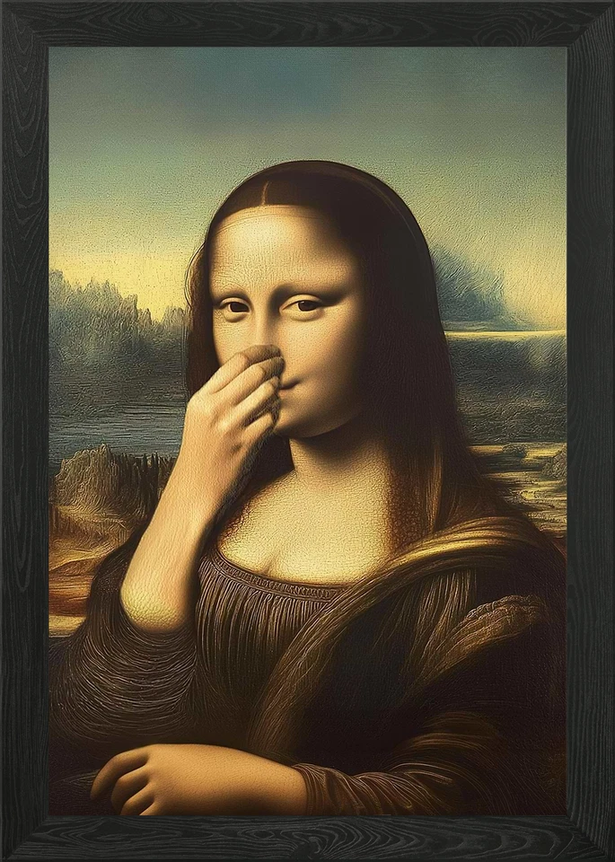 Gerahmtes Wandbild Mona Lisa lustiges Badezimmer Poster Leinwanddruck Bild - Bild 1 von 1