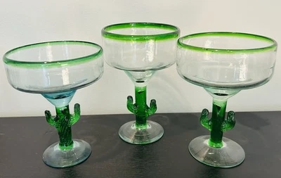(3) Vasos Margarita Saguaro Cactus Tallo Mexicano Soplado a Mano Varios Tamaños Foto 1 de 4