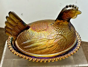 Vintage Indiana Glass Amber Carnival Iridescent Hen On A Nest Candy Dish Chicken - Picture 1 of 9
