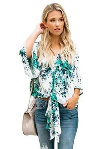 White Background Printed Tie Front Kimono Sleeve Blouse - Picture 1 of 2
