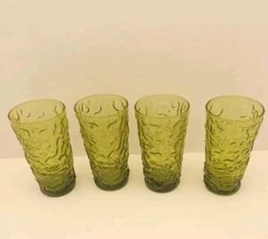 Set of 4 Vintage Anchor Hocking Lido Milano Avocado Green Crinkle 5 1/2" Tumbler - Picture 1 of 5