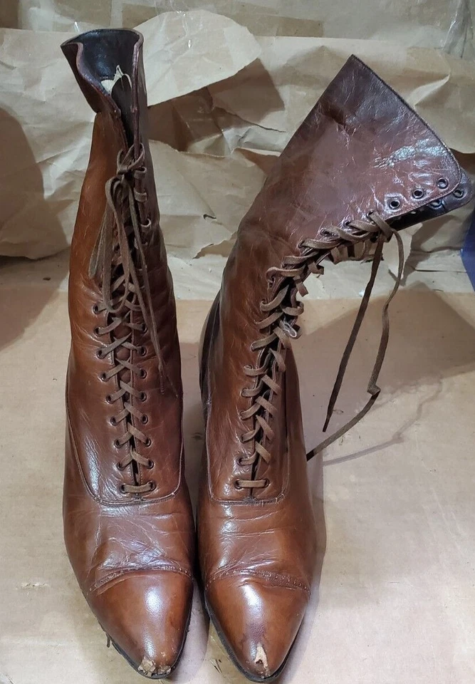  Antique Boots Brown Leather Edwardian Boots High Top Lace Up Shukraft Boots - Image 1 of 4
