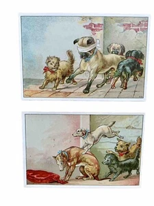 Antique 1880s Victorian Greeting Trade Cards Adorable Dogs Playing Games - Picture 1 of 4