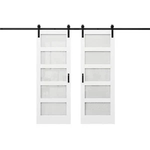 Ark Design Barn Door Double Sliding Slab 5-Lite Glass Panel White MDF w/Hardware - Picture 1 of 10